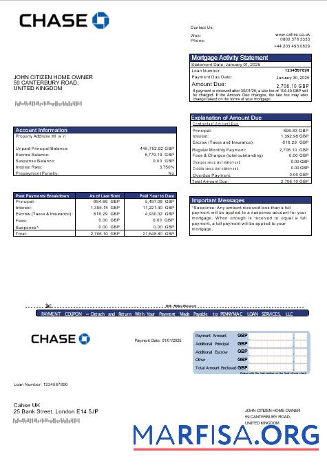 Printable United Kingdom Chase bank mortgage statement in Word and PDF formats template